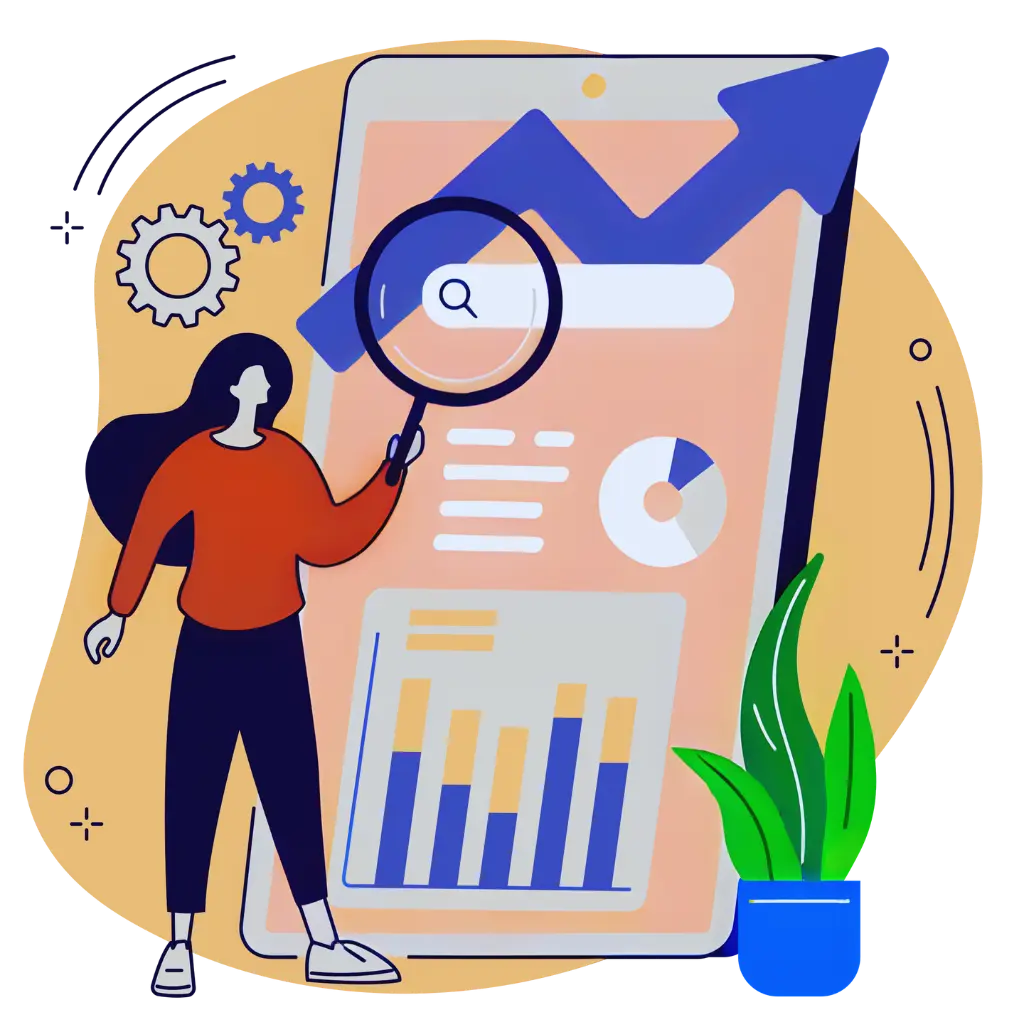 SEO specialist pointing to an increasing performance graph with magnifying glass