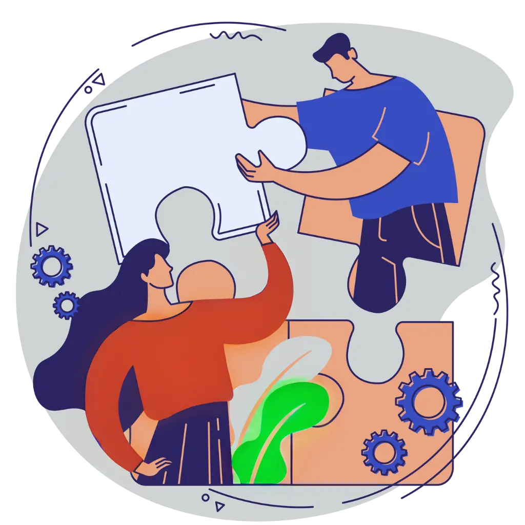 Teamwork in web development illustrated by man and woman building a puzzle