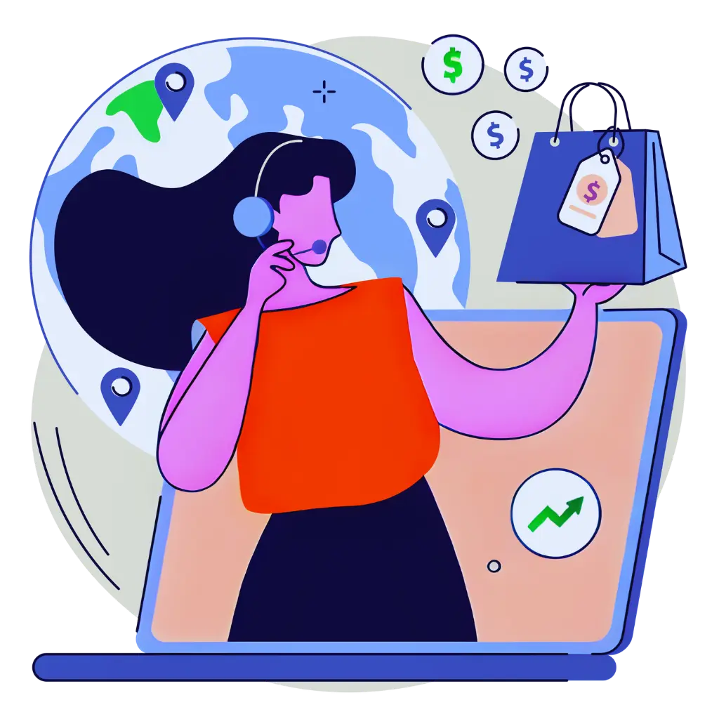 A woman with a microphone and a laptop managing an E-commerce Website