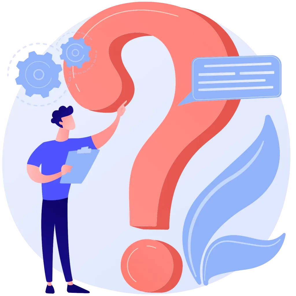 An illustration of a man with a clipboard standing next to a large red question mark for WordPress & Shopify